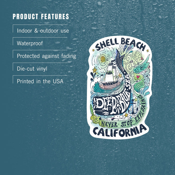 Shell Beach, California, Watercolor Whale, Deep Blue Sea, Nautical Art, Contour, Vinyl Sticker Sticker Lantern Press 