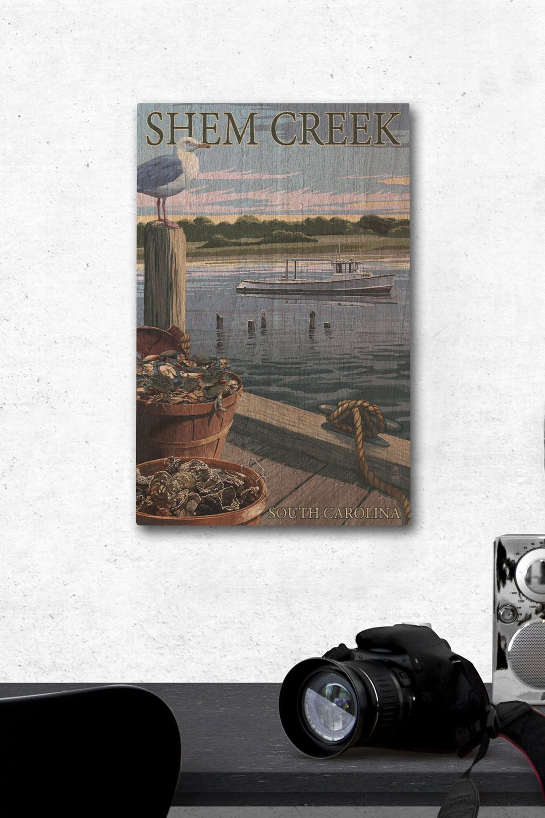Shem Creek, South Carolina, Blue Crab & Oysters on Dock, Lantern Press Artwork, Wood Signs and Postcards Wood Lantern Press 12 x 18 Wood Gallery Print 