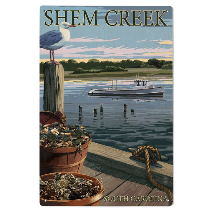 Shem Creek, South Carolina, Blue Crab & Oysters on Dock, Lantern Press Artwork, Wood Signs and Postcards Wood Lantern Press 