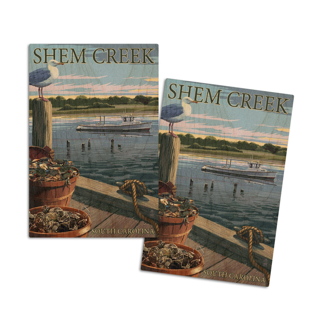 Shem Creek, South Carolina, Blue Crab & Oysters on Dock, Lantern Press Artwork, Wood Signs and Postcards Wood Lantern Press 4x6 Wood Postcard Set 