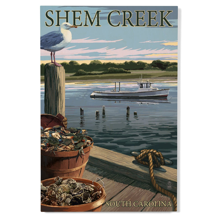 Shem Creek, South Carolina, Blue Crab & Oysters on Dock, Lantern Press Artwork, Wood Signs and Postcards Wood Lantern Press 
