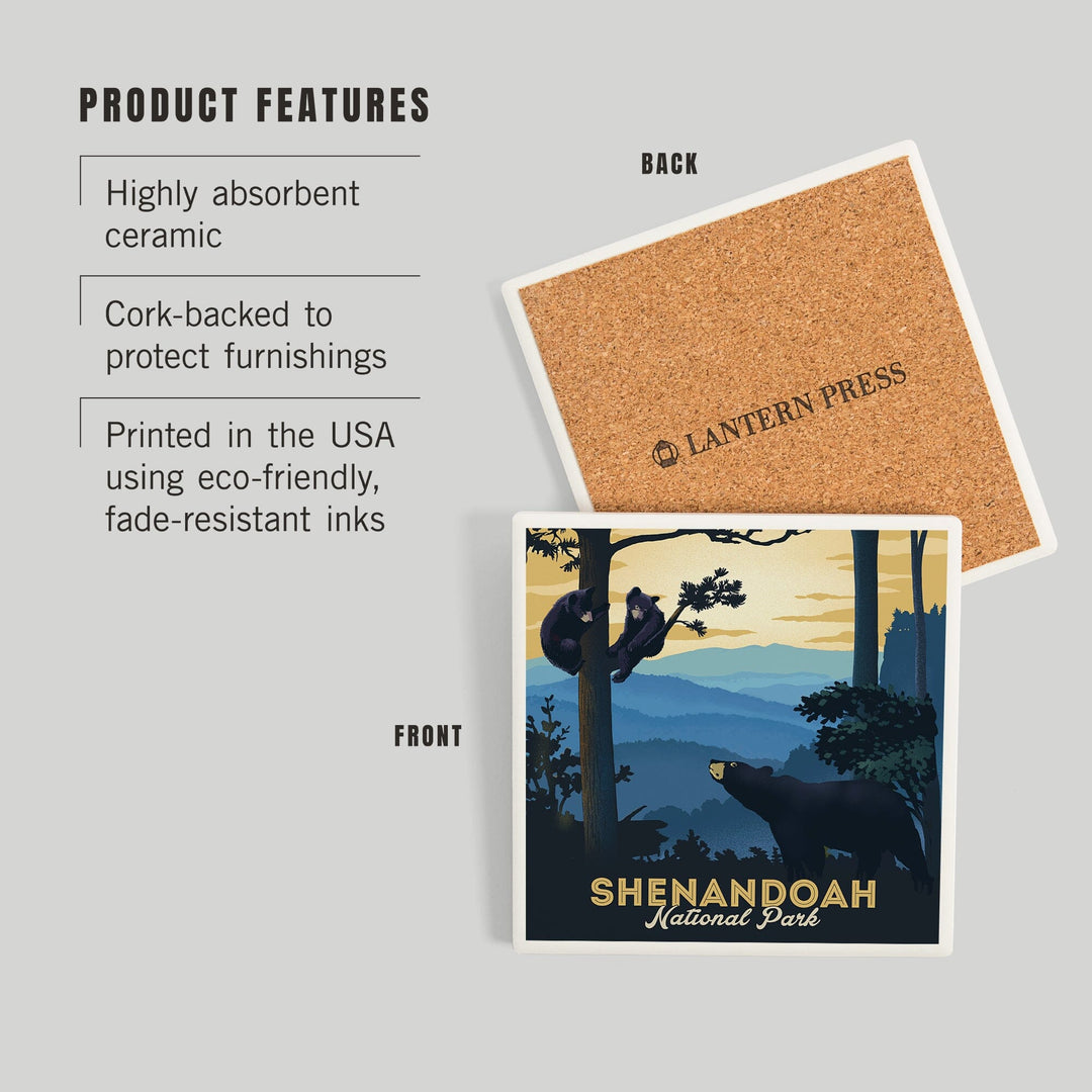 Shenandoah National Park, Black Bears, Lithograph, Coasters Coasters Lantern Press 
