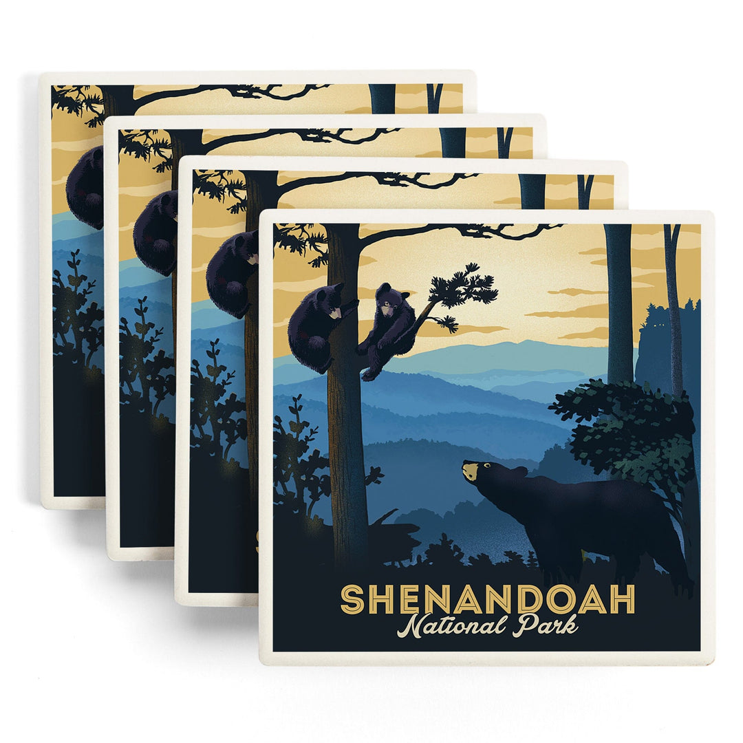 Shenandoah National Park, Black Bears, Lithograph, Lantern Press Artwork, Coaster Set Coasters Lantern Press 