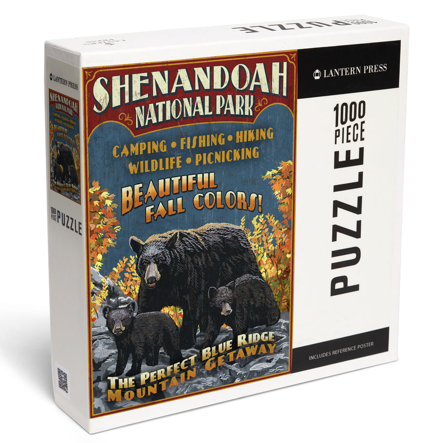 Shenandoah National Park, Virginia, Bear and Cubs Vintage Sign, Jigsaw Puzzle Puzzle Lantern Press 