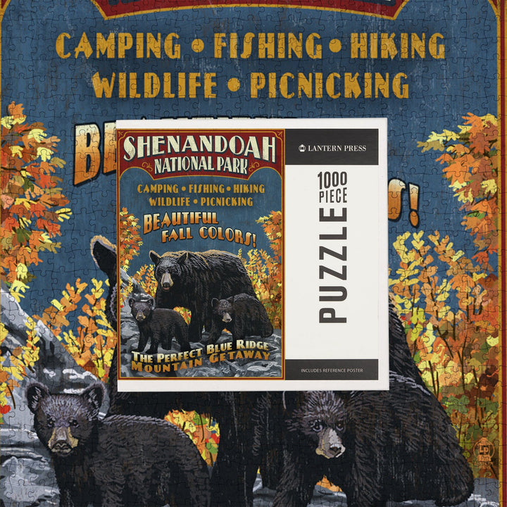 Shenandoah National Park, Virginia, Bear and Cubs Vintage Sign, Jigsaw Puzzle Puzzle Lantern Press 