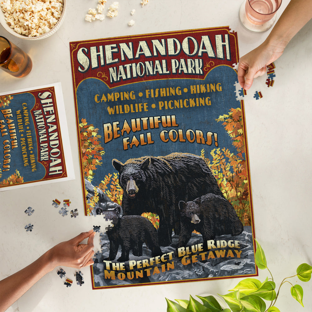Shenandoah National Park, Virginia, Bear and Cubs Vintage Sign, Jigsaw Puzzle Puzzle Lantern Press 