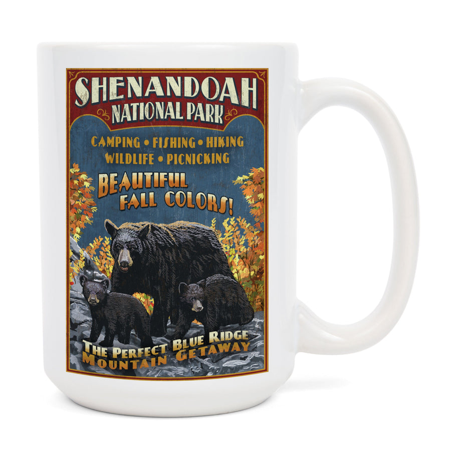 Shenandoah National Park, Virginia, Bear & Cubs Vintage Sign, Lantern Press Artwork, Ceramic Mug Mugs Lantern Press 