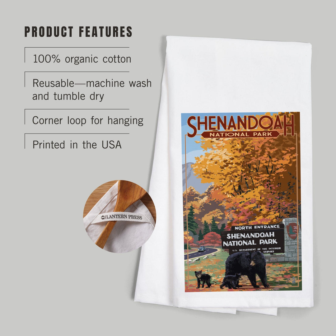 Shenandoah National Park, Virginia, Black Bear and Cubs at Entrance, Organic Cotton Kitchen Tea Towels Kitchen Lantern Press 