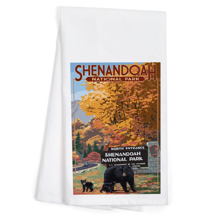 Shenandoah National Park, Virginia, Black Bear and Cubs at Entrance, Organic Cotton Kitchen Tea Towels Kitchen Lantern Press 