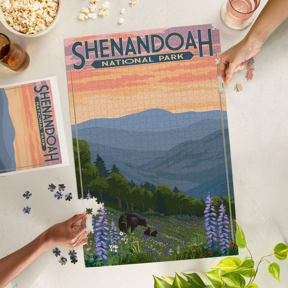 Shenandoah National Park, Virginia, Black Bear and Cubs with Flowers, Jigsaw Puzzle Puzzle Lantern Press 