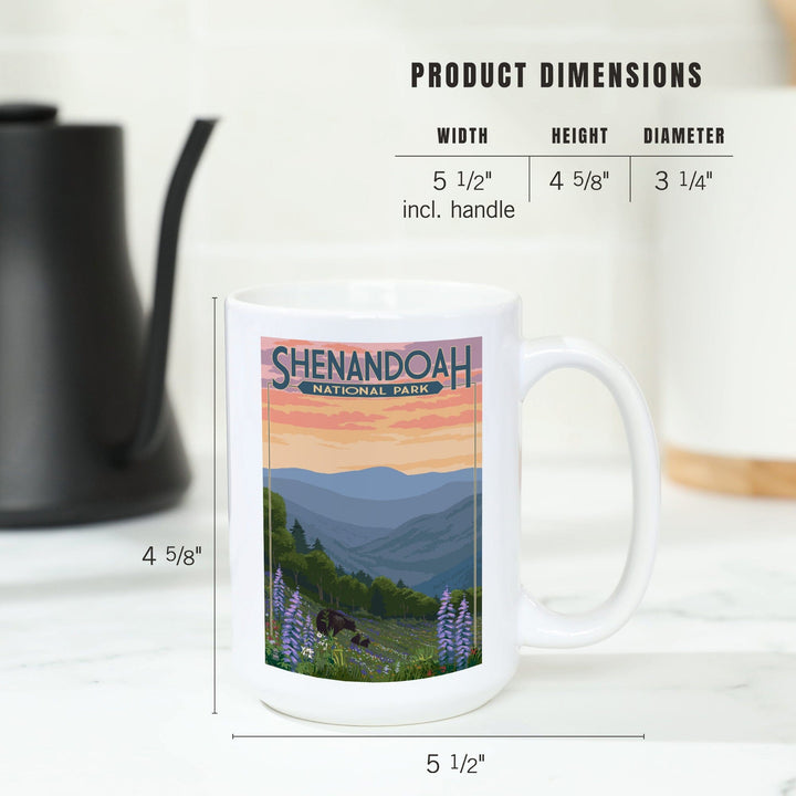 Shenandoah National Park, Virginia, Black Bear and Cubs with Flowers, Lantern Press Artwork, Ceramic Mug Mugs Lantern Press 