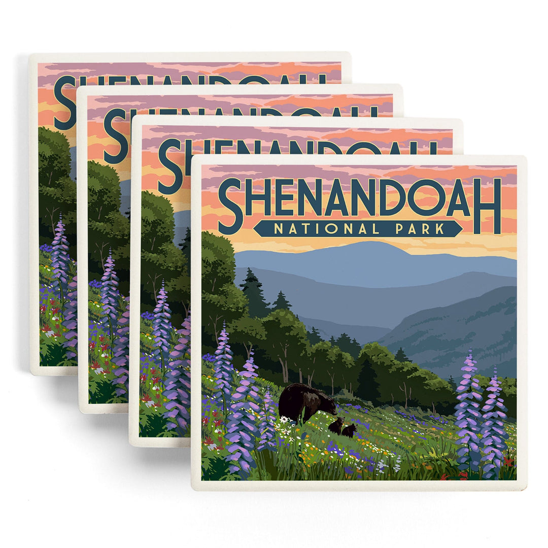 Shenandoah National Park, Virginia, Black Bear and Cubs with Flowers, Lantern Press Artwork, Coaster Set Coasters Lantern Press 