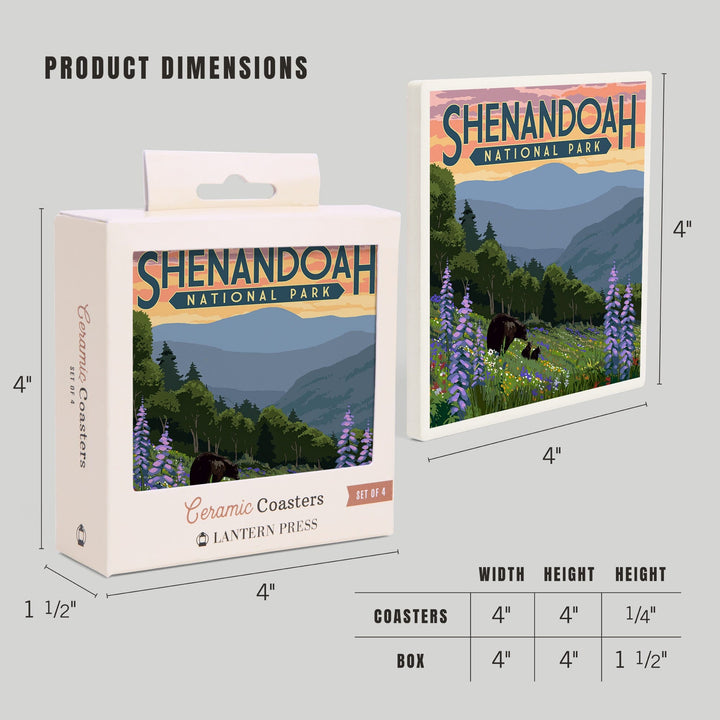 Shenandoah National Park, Virginia, Black Bear and Cubs with Flowers, Lantern Press Artwork, Coaster Set Coasters Lantern Press 