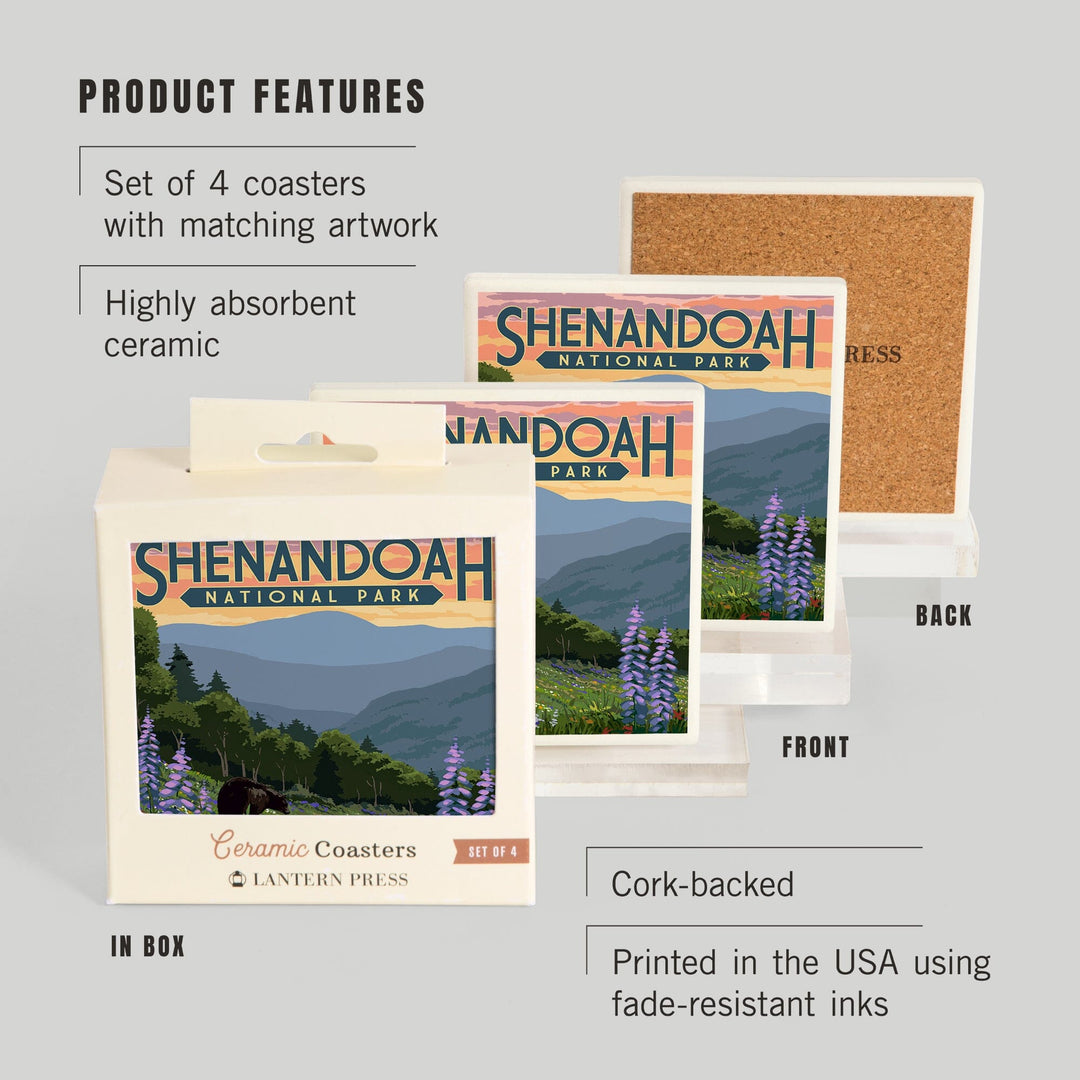 Shenandoah National Park, Virginia, Black Bear and Cubs with Flowers, Lantern Press Artwork, Coaster Set Coasters Lantern Press 