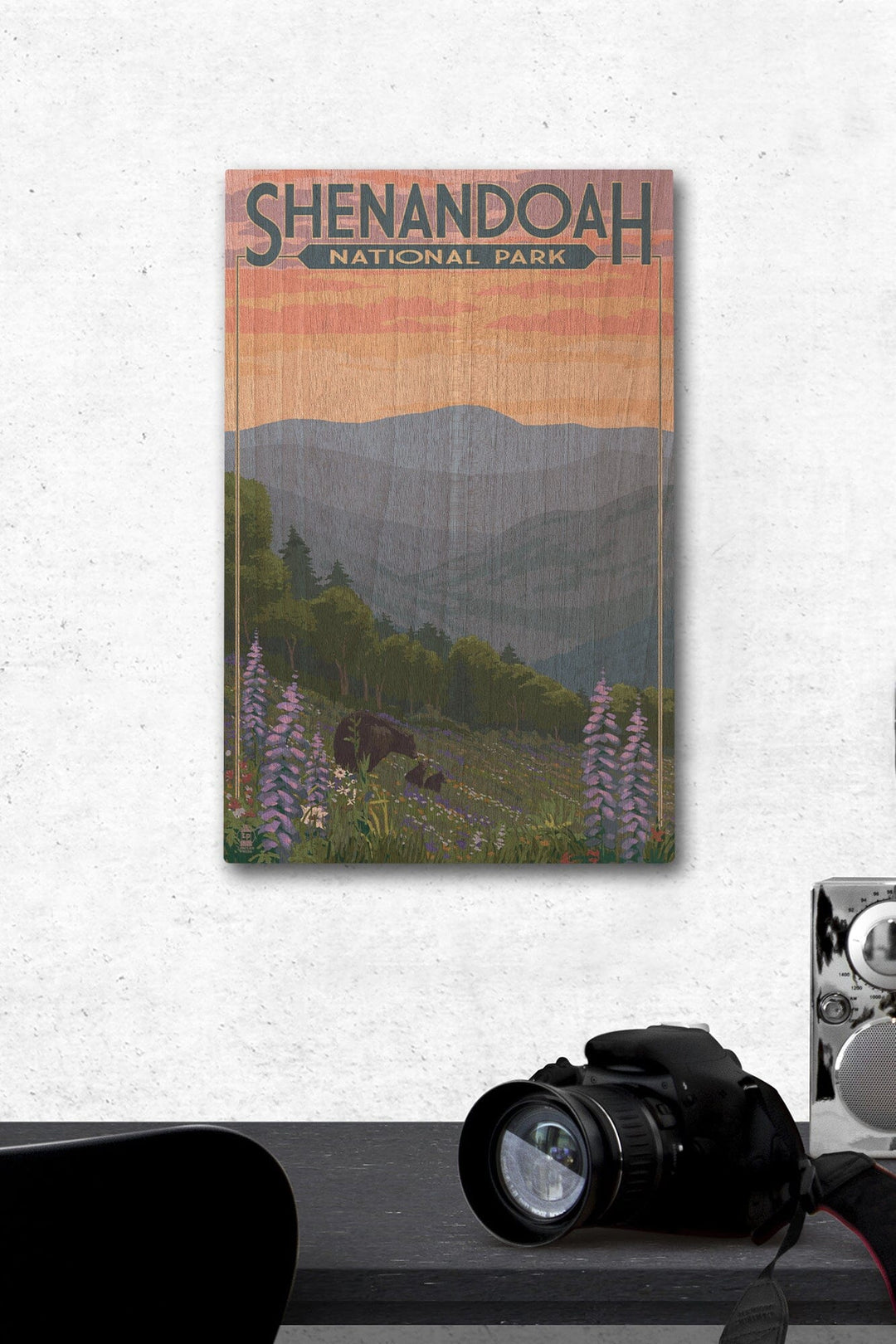Shenandoah National Park, Virginia, Black Bear and Cubs with Flowers, Lantern Press Artwork, Wood Signs and Postcards Wood Lantern Press 12 x 18 Wood Gallery Print 