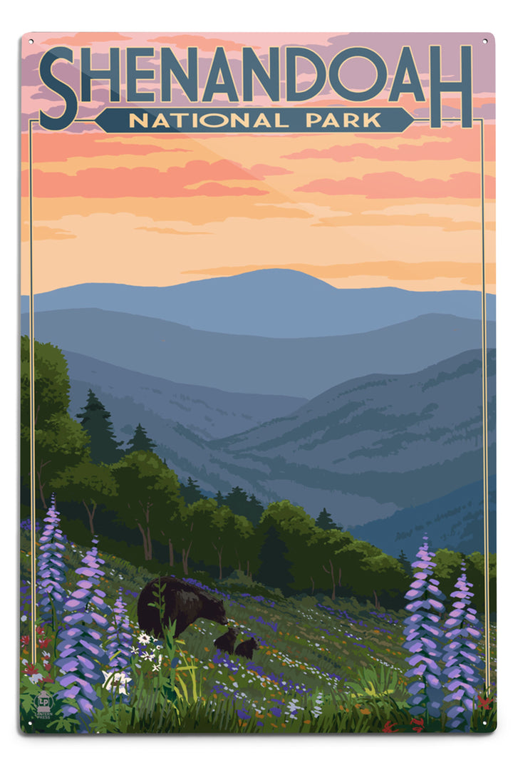 Shenandoah National Park, Virginia, Black Bear and Cubs with Flowers, Metal Signs Metal Lantern Press 12x18 Metal Sign 