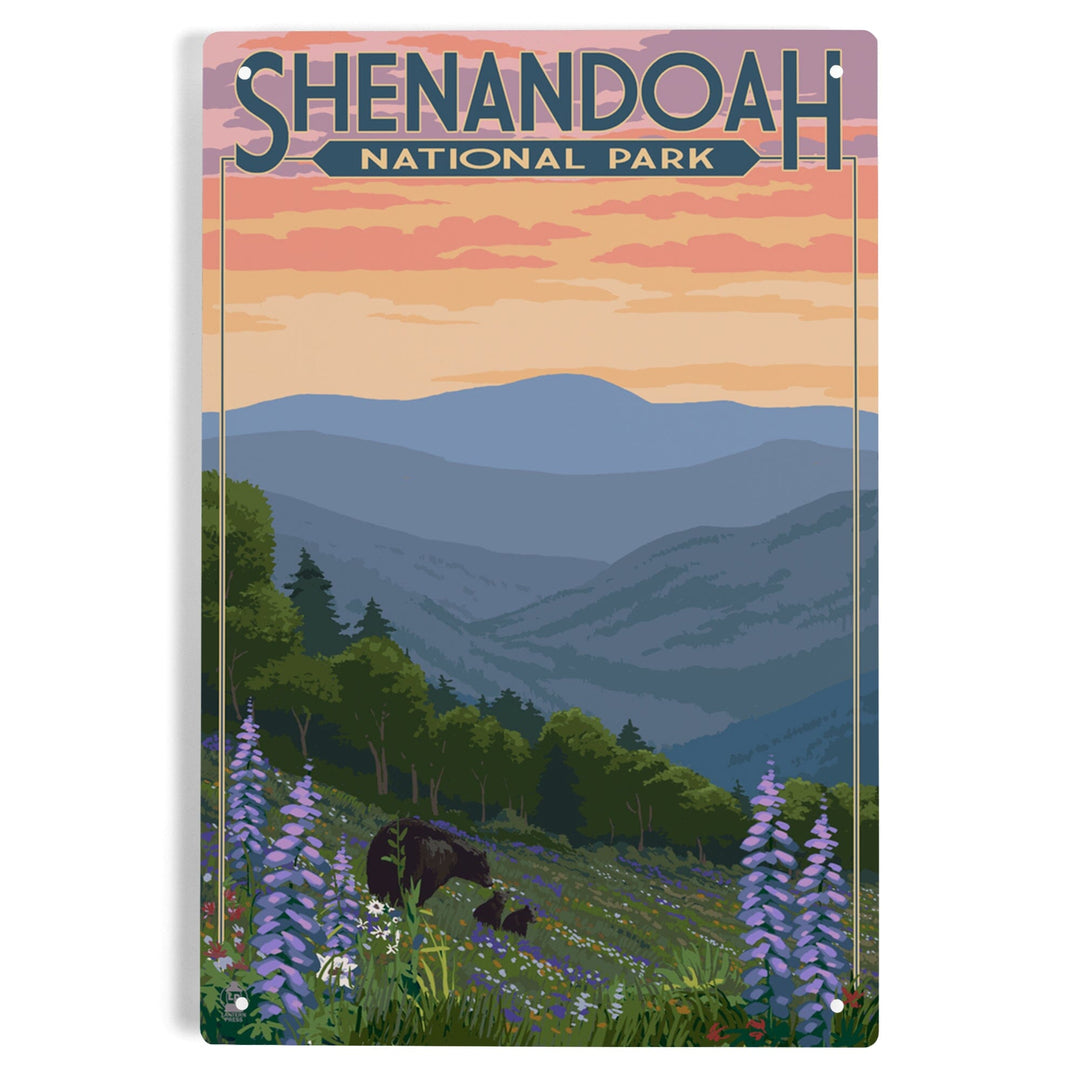 Shenandoah National Park, Virginia, Black Bear and Cubs with Flowers, Metal Signs Metal Lantern Press 