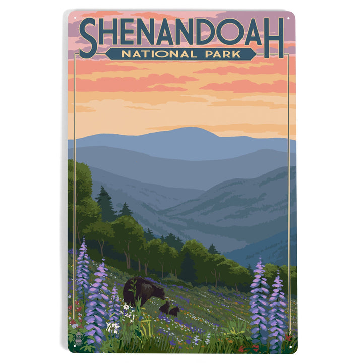 Shenandoah National Park, Virginia, Black Bear and Cubs with Flowers, Metal Signs Metal Lantern Press 