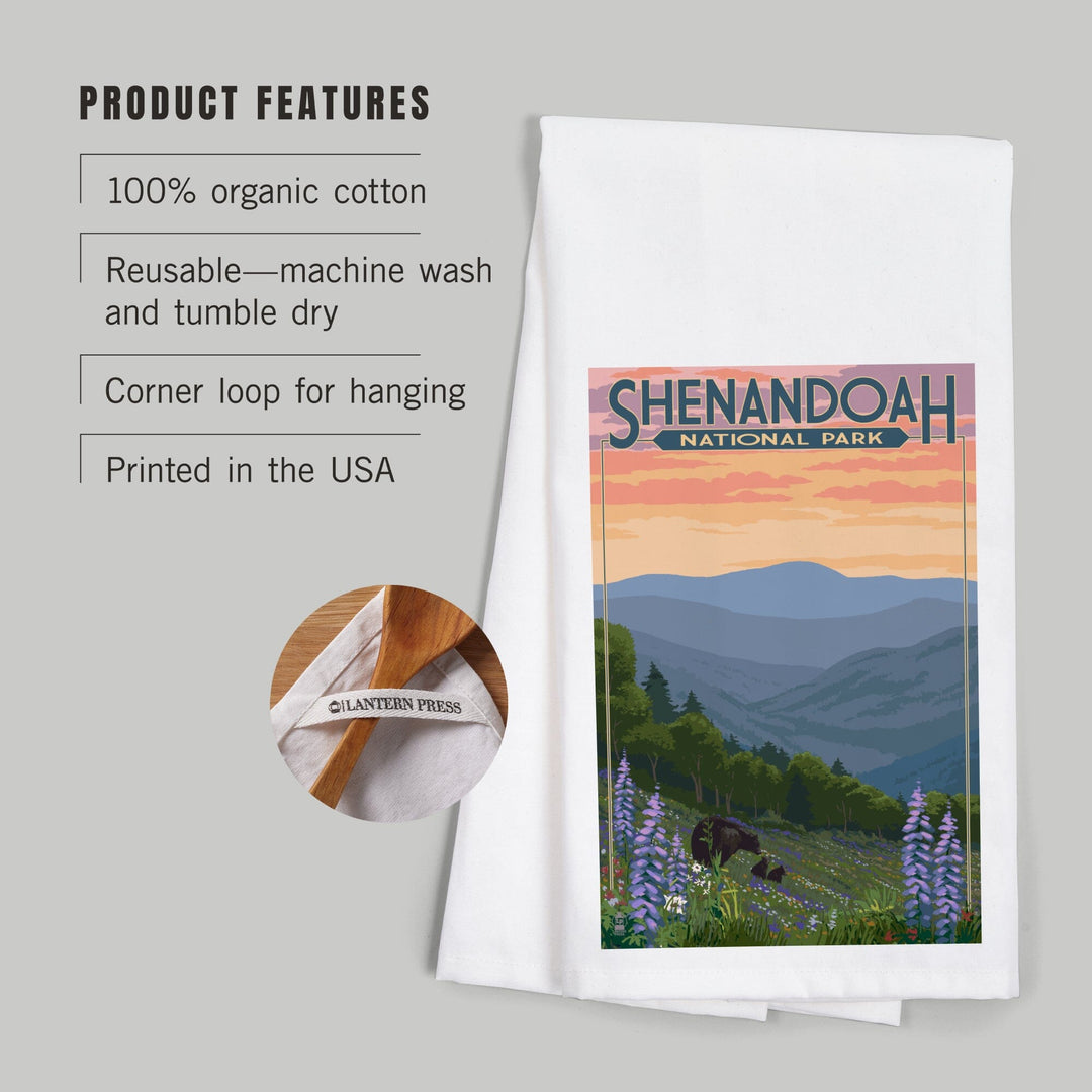 Shenandoah National Park, Virginia, Black Bear and Cubs with Flowers, Organic Cotton Kitchen Tea Towels Kitchen Lantern Press 