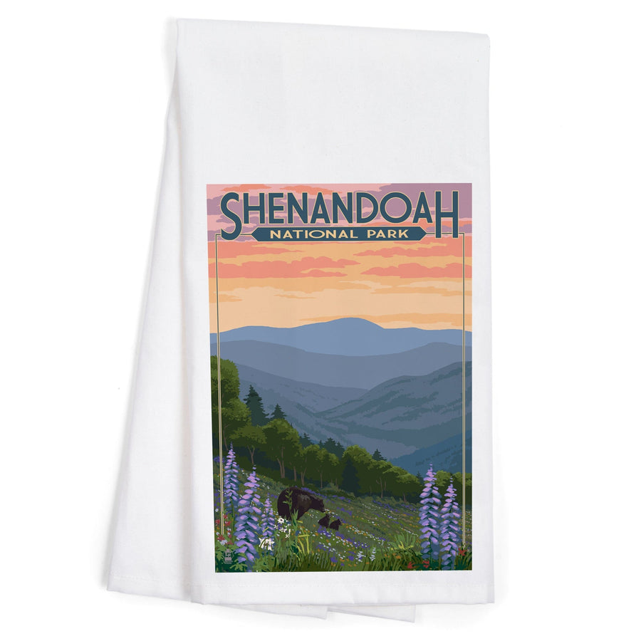Shenandoah National Park, Virginia, Black Bear and Cubs with Flowers, Organic Cotton Kitchen Tea Towels Kitchen Lantern Press 