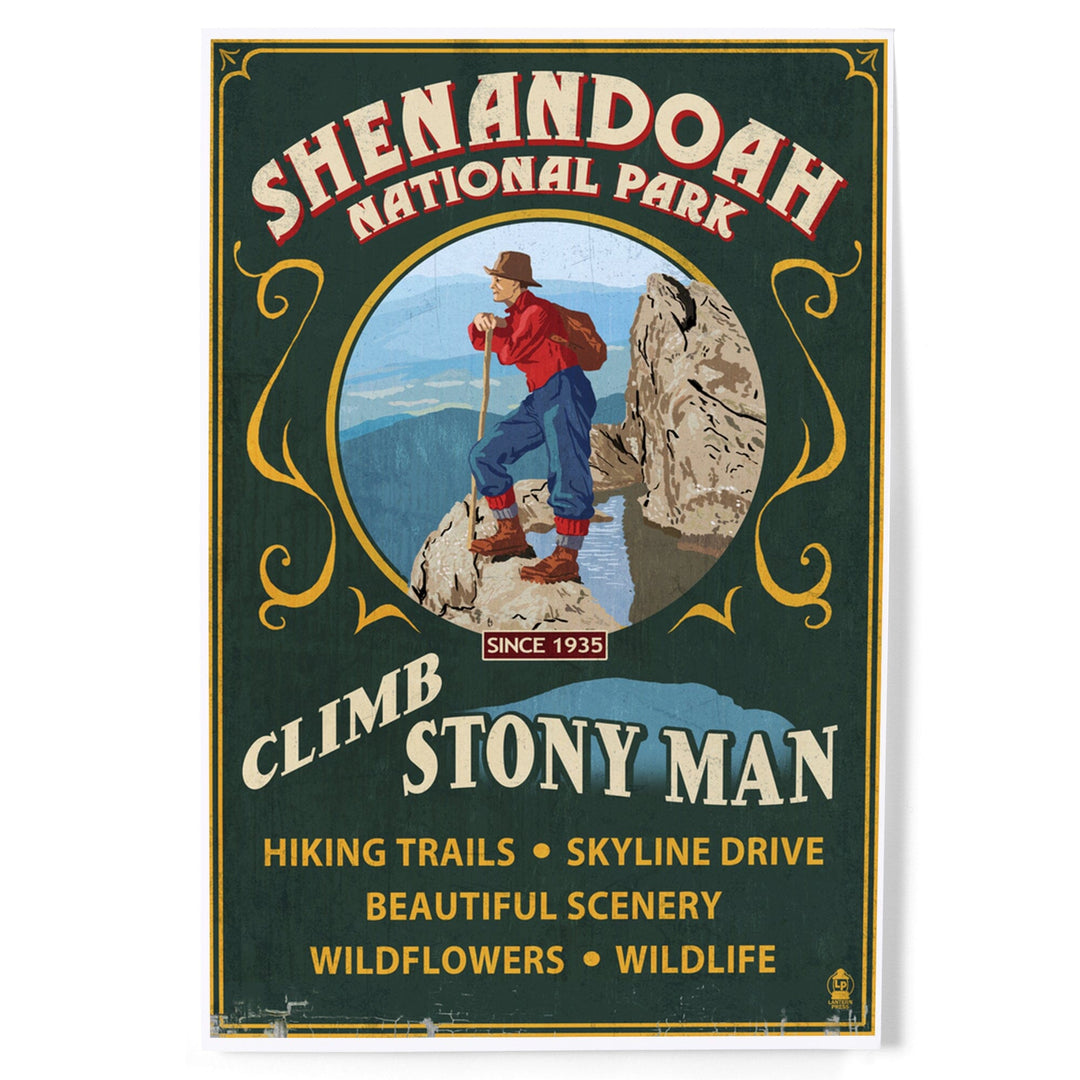 Shenandoah National Park, Virginia, Climb Stony Man Vintage Sign, Art & Giclee Prints Art Lantern Press 