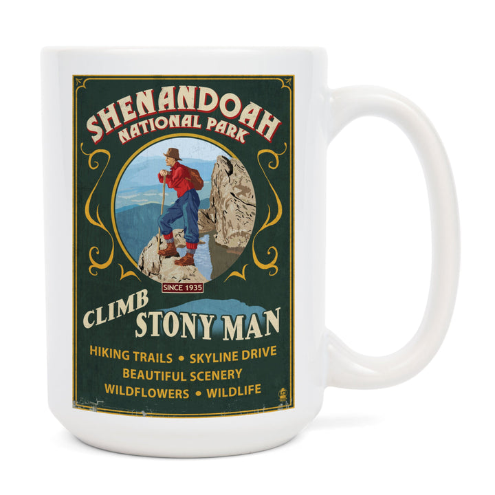 Shenandoah National Park, Virginia, Climb Stony Man Vintage Sign, Lantern Press Artwork, Ceramic Mug Mugs Lantern Press 