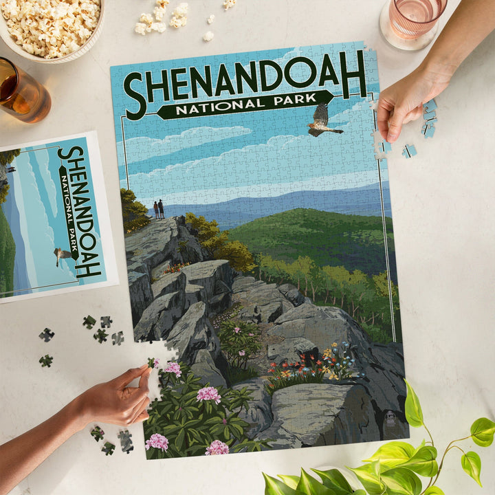 Shenandoah National Park, Virginia, Hikers and Hawk, Jigsaw Puzzle Puzzle Lantern Press 
