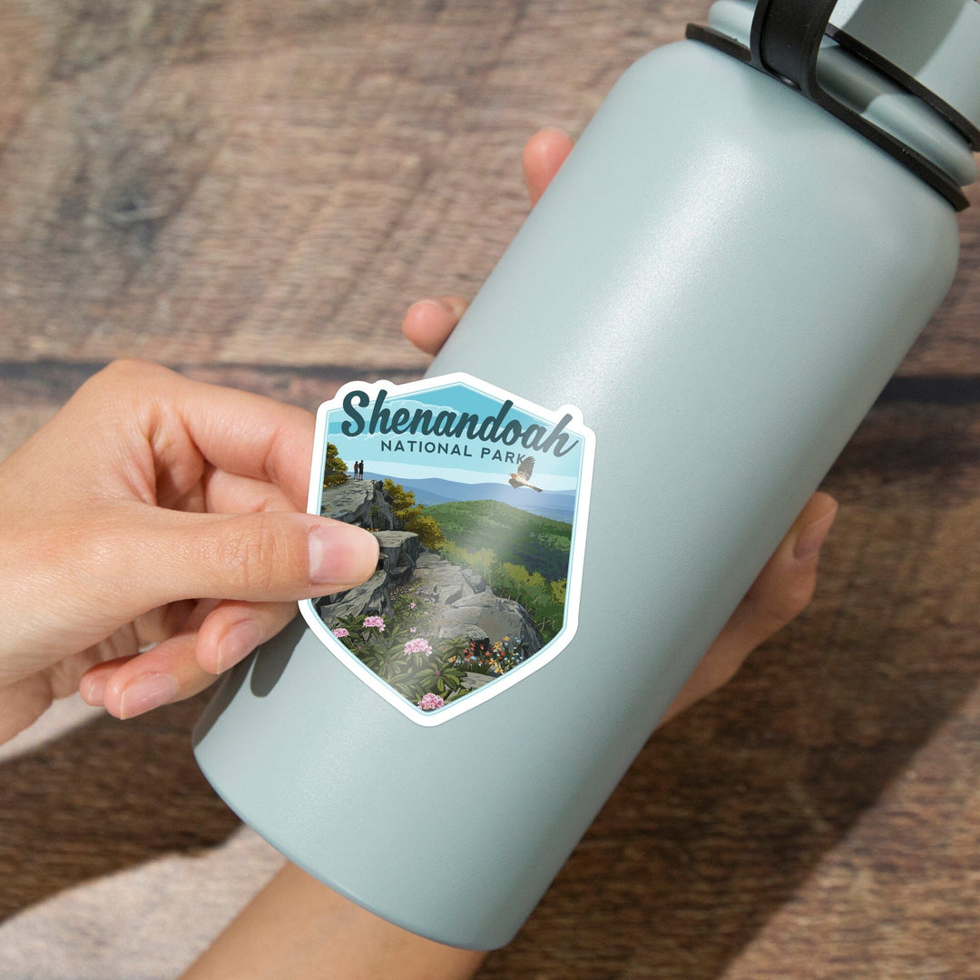 Shenandoah National Park, Virginia, Hikers & Hawk, Contour, Lantern Press Artwork, Vinyl Sticker Sticker Lantern Press 