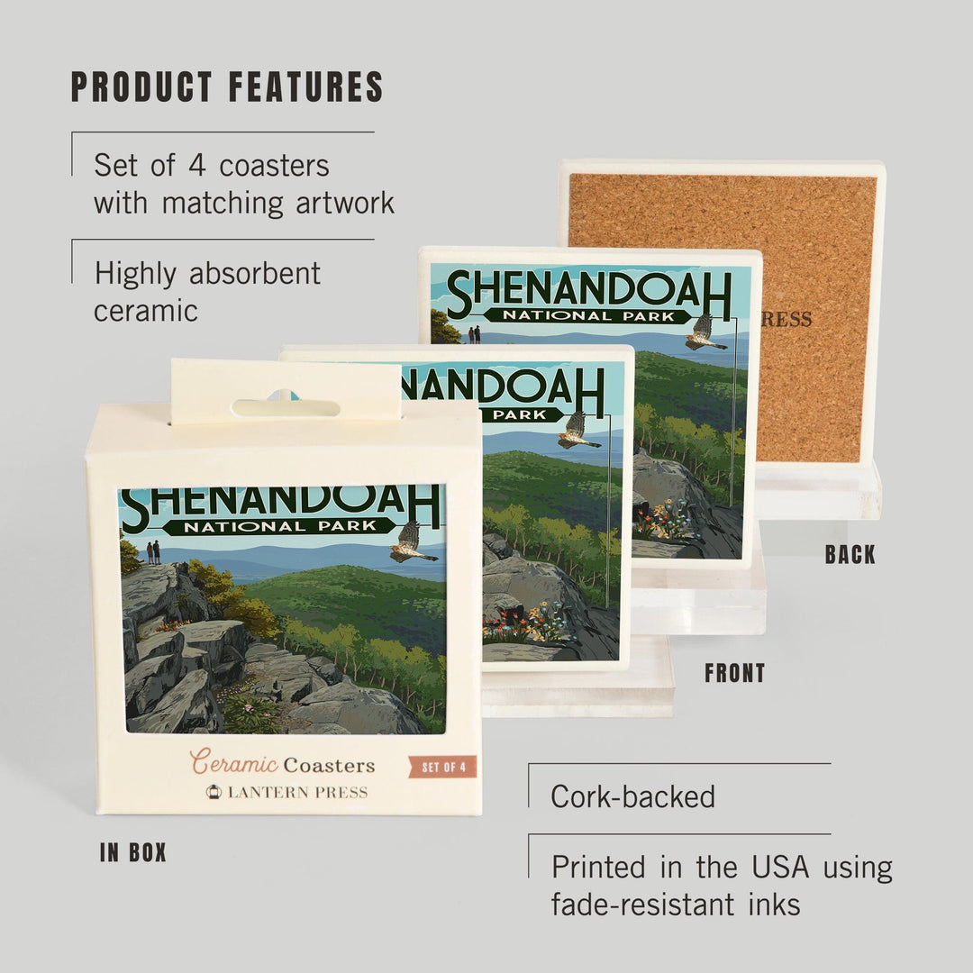 Shenandoah National Park, Virginia, Hikers & Hawk, Lantern Press Artwork, Coaster Set Coasters Lantern Press 