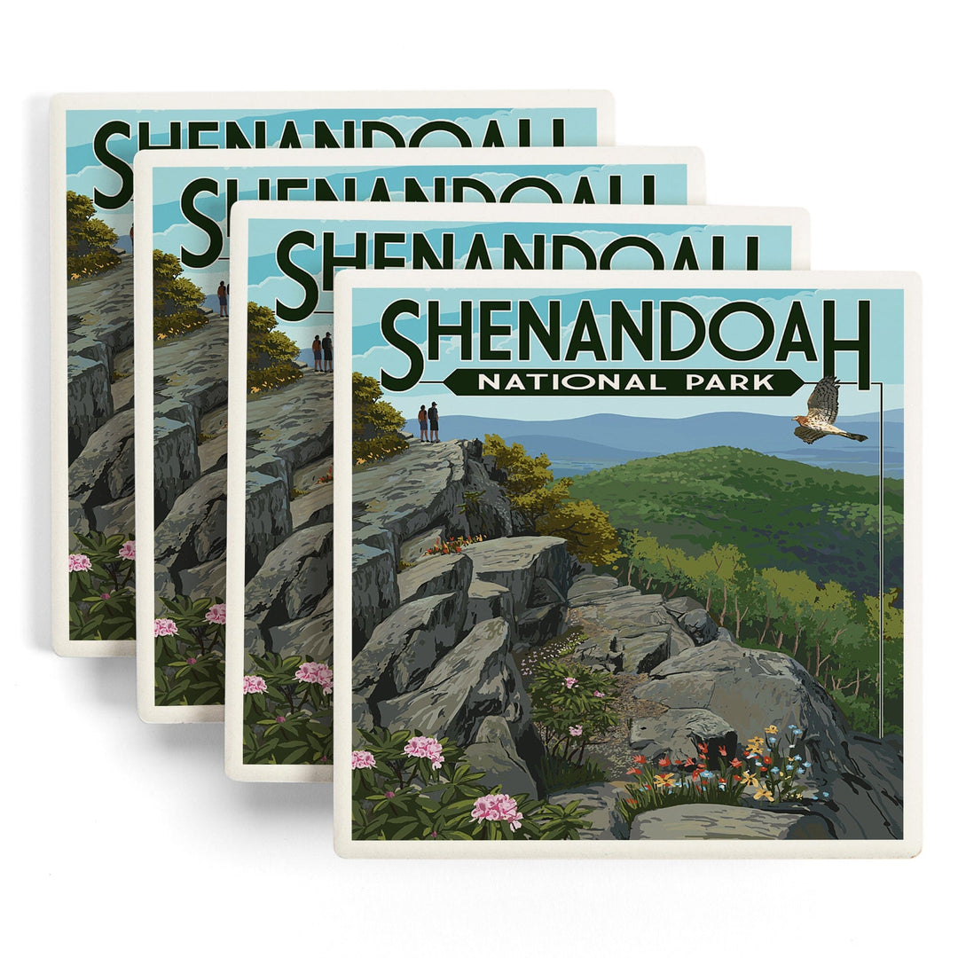 Shenandoah National Park, Virginia, Hikers & Hawk, Lantern Press Artwork, Coaster Set Coasters Lantern Press 