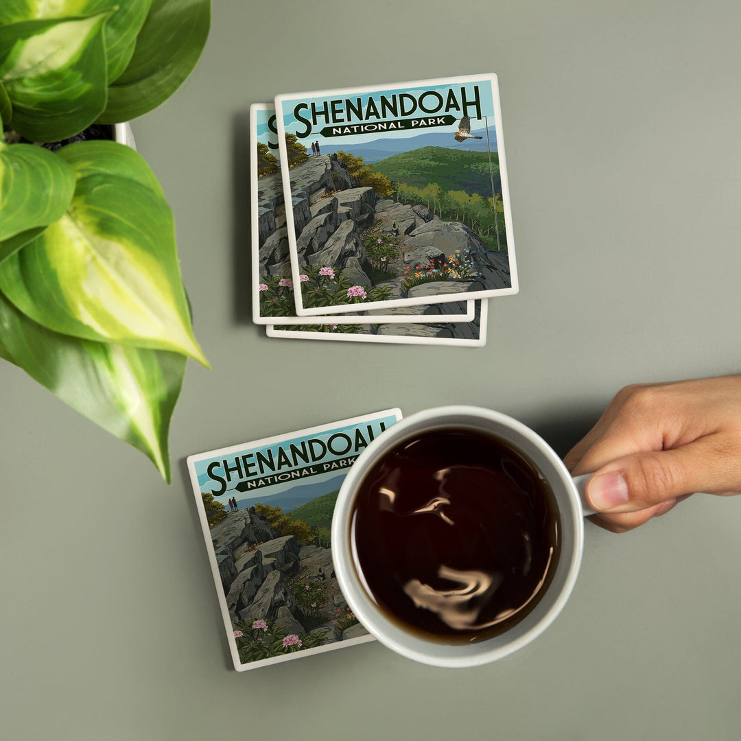 Shenandoah National Park, Virginia, Hikers & Hawk, Lantern Press Artwork, Coaster Set Coasters Lantern Press 