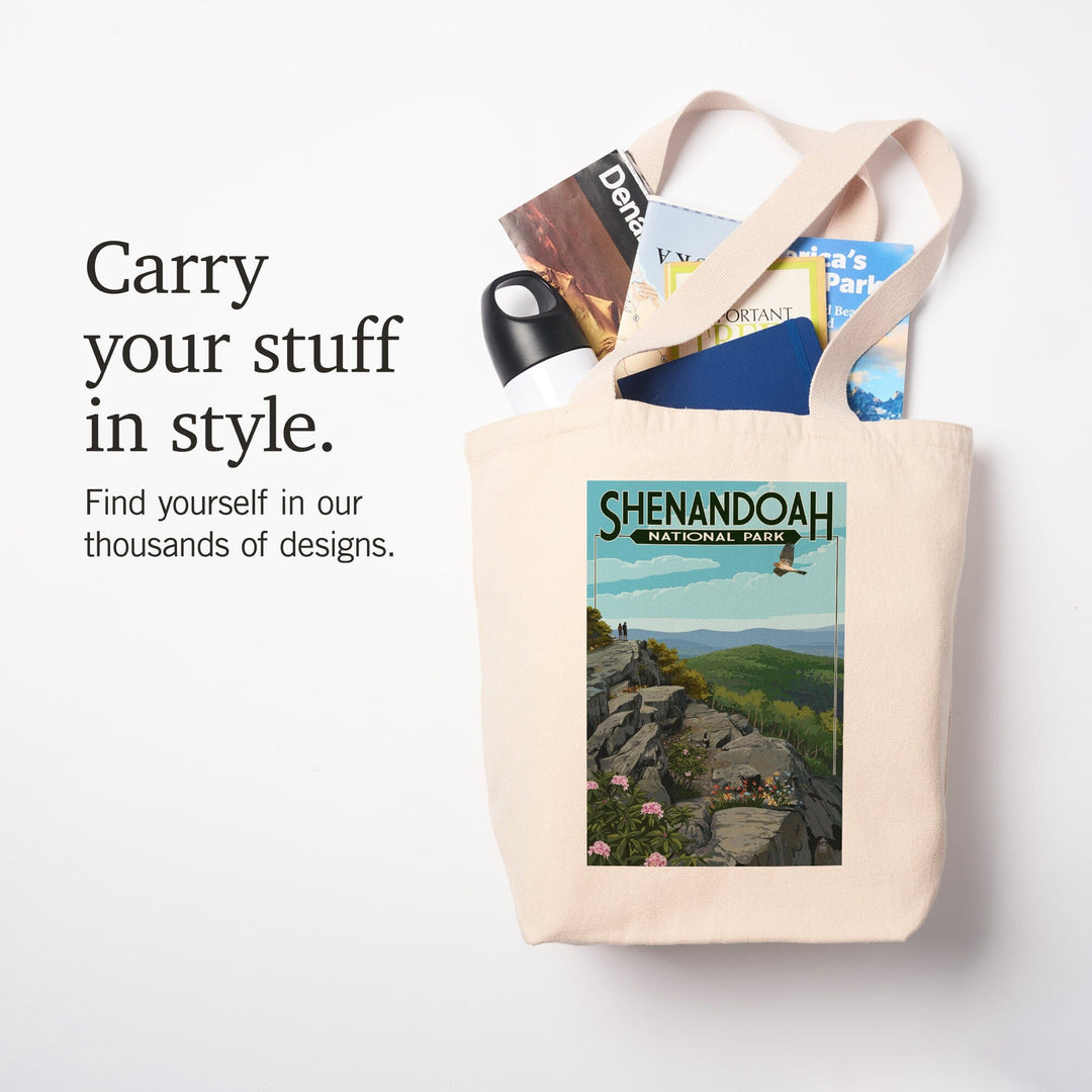 Shenandoah National Park, Virginia, Hikers & Hawk, Lantern Press Artwork, Tote Bag Totes Lantern Press 