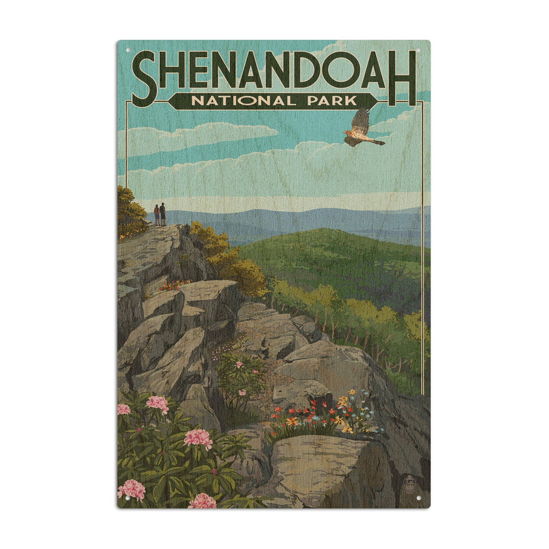 Shenandoah National Park, Virginia, Hikers & Hawk, Lantern Press Artwork, Wood Signs and Postcards Wood Lantern Press 10 x 15 Wood Sign 