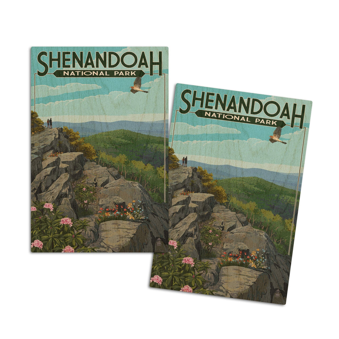 Shenandoah National Park, Virginia, Hikers & Hawk, Lantern Press Artwork, Wood Signs and Postcards Wood Lantern Press 4x6 Wood Postcard Set 