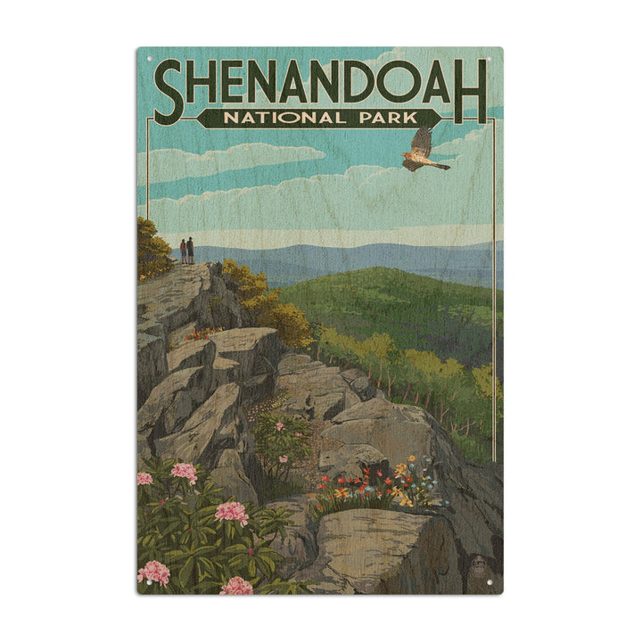 Shenandoah National Park, Virginia, Hikers & Hawk, Lantern Press Artwork, Wood Signs and Postcards Wood Lantern Press 6x9 Wood Sign 