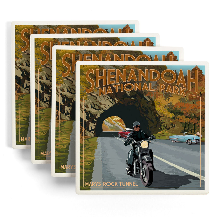 Shenandoah National Park, Virginia, Marys Rock Tunnel Motorcycle, Lantern Press Artwork, Coaster Set Coasters Lantern Press 