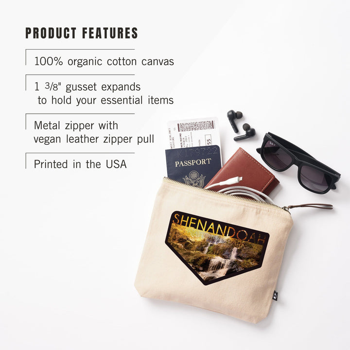 Shenandoah National Park, Virginia, Waterfall and Fall Leaves,, Organic Cotton Zipper Pouch, Go Bag Go Bag Lantern Press 