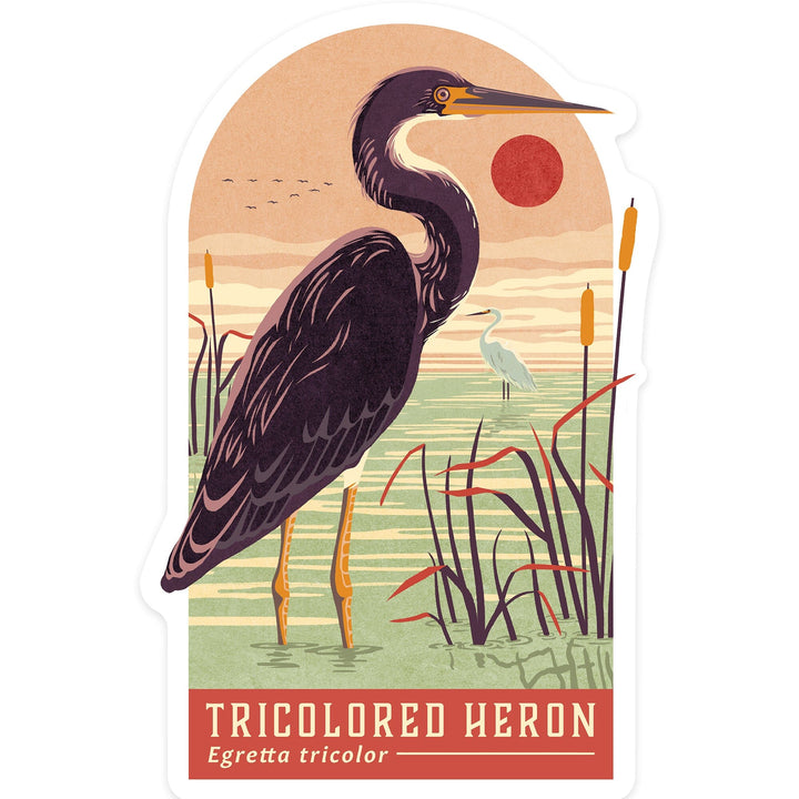 Shorebirds at Sunset Collection, Tricolored Heron, Bird, Contour, Vinyl Sticker Sticker Lantern Press 