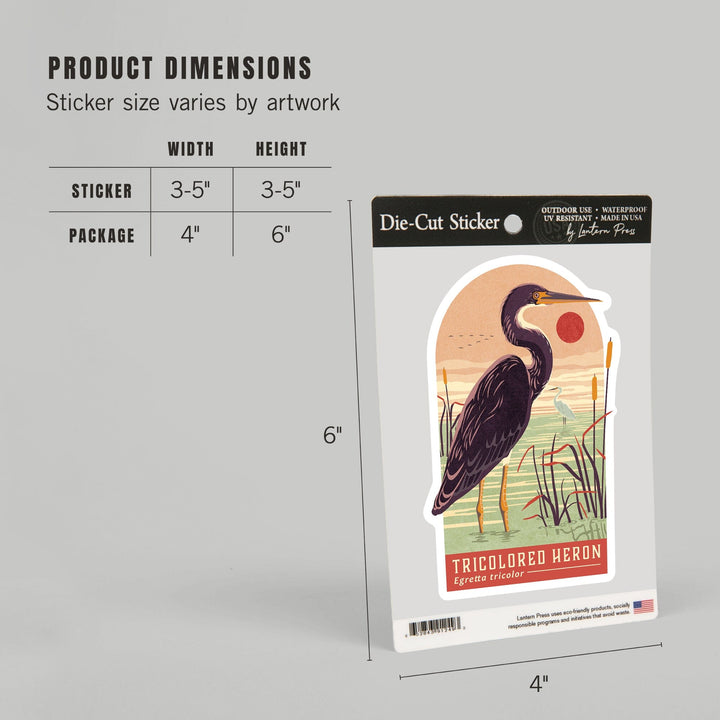 Shorebirds at Sunset Collection, Tricolored Heron, Bird, Contour, Vinyl Sticker Sticker Lantern Press 