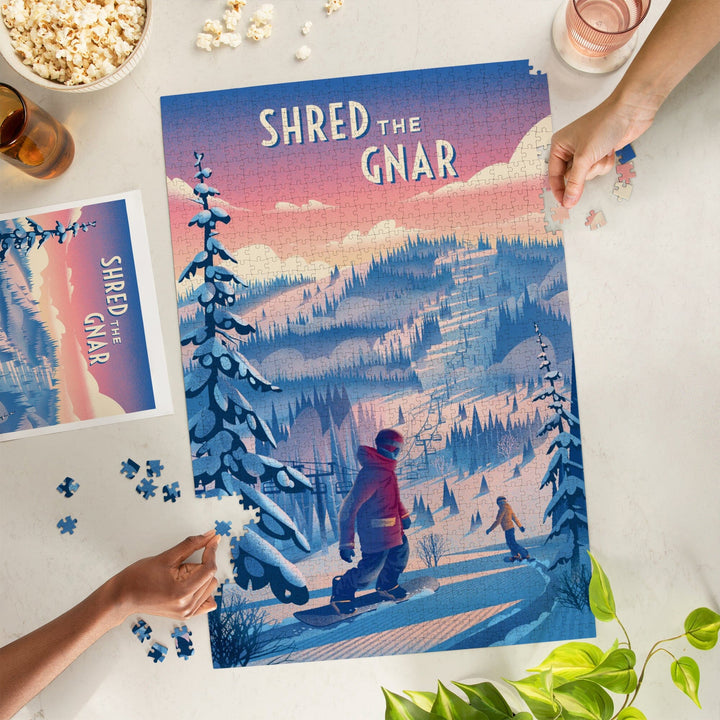 Shred the Gnar, Snowboarding, Jigsaw Puzzle Puzzle Lantern Press 