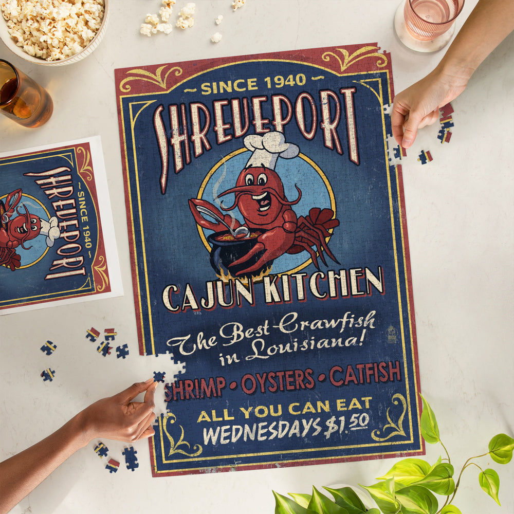 Shreveport, Louisiana, Cajun Kitchen Crawfish Vintage Sign, Jigsaw Puzzle Puzzle Lantern Press 