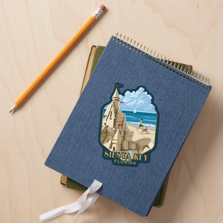 Siesta Key Beach, Florida, Painterly, Sandcastle, Vinyl Sticker Sticker Lantern Press 