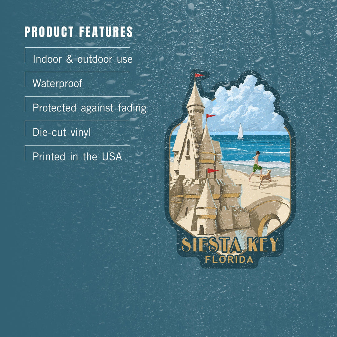 Siesta Key Beach, Florida, Painterly, Sandcastle, Vinyl Sticker Sticker Lantern Press 