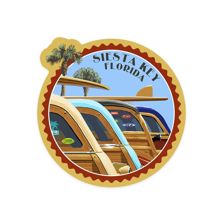 Siesta Key Beach, Florida, Painterly, Woodies Lined Up, Contour, Vinyl Sticker Sticker Lantern Press 