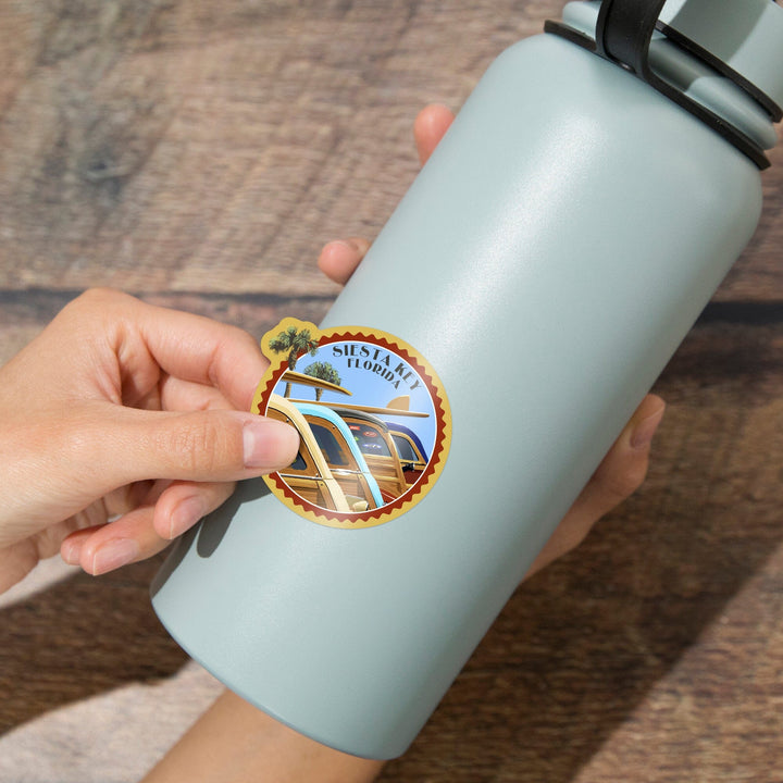 Siesta Key Beach, Florida, Painterly, Woodies Lined Up, Contour, Vinyl Sticker Sticker Lantern Press 