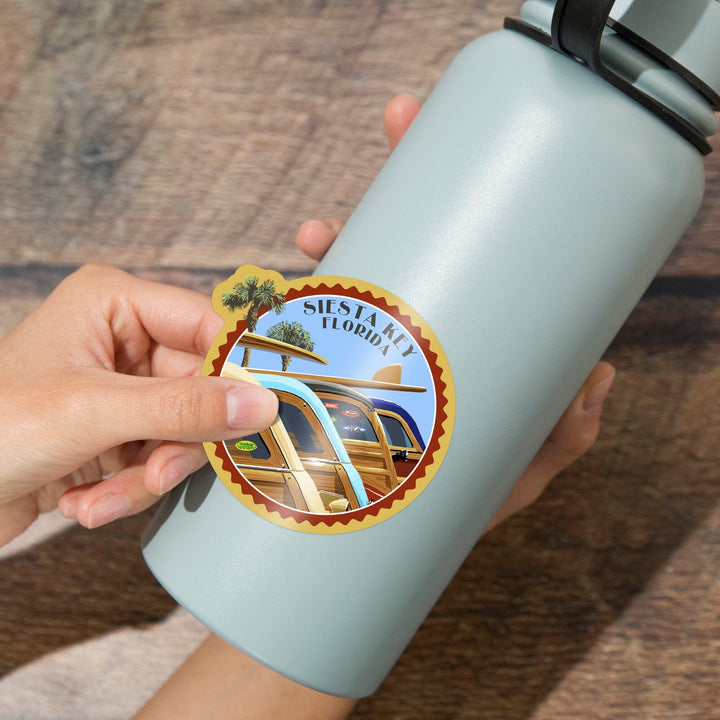 Siesta Key Beach, Florida, Painterly, Woodies Lined Up, Contour, Vinyl Sticker Sticker Lantern Press 