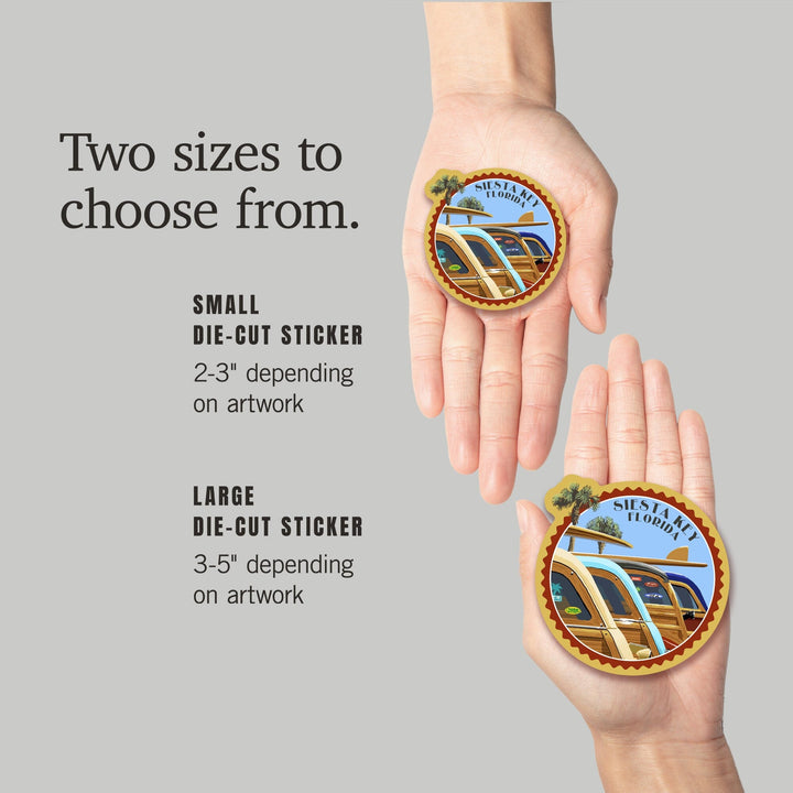 Siesta Key Beach, Florida, Painterly, Woodies Lined Up, Contour, Vinyl Sticker Sticker Lantern Press 
