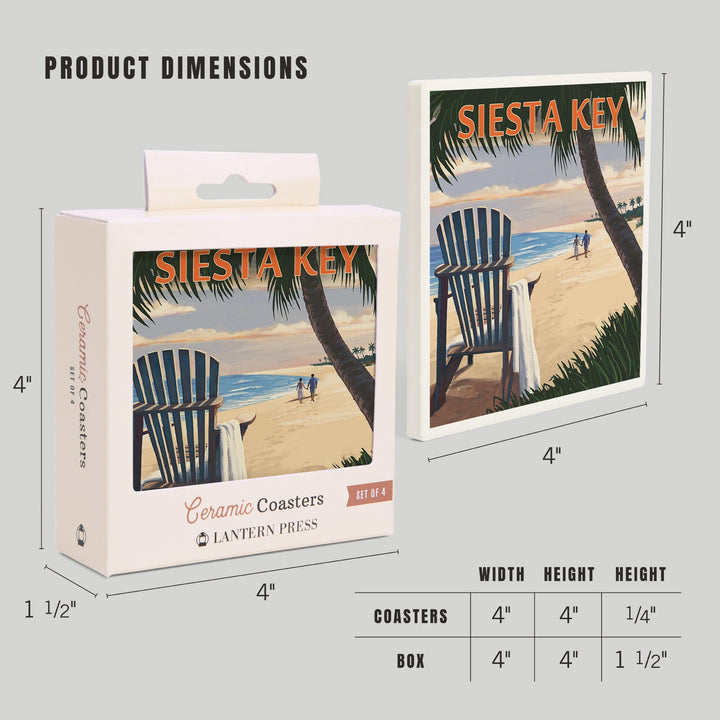 Siesta Key, Florida, Adirondack Chair on the Beach, Lantern Press Artwork, Coaster Set Coasters Lantern Press 