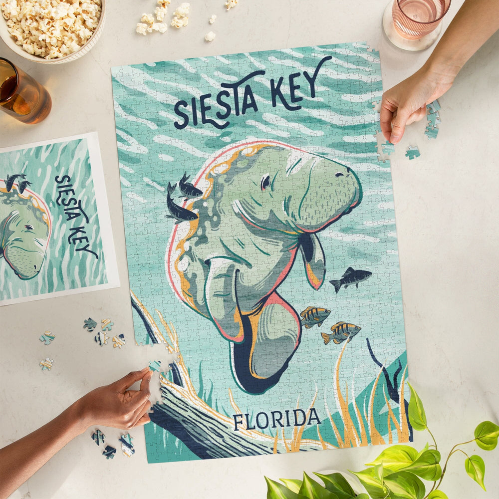 Siesta Key, Florida, Graphic Pastel, Manatee, Jigsaw Puzzle Puzzle Lantern Press 