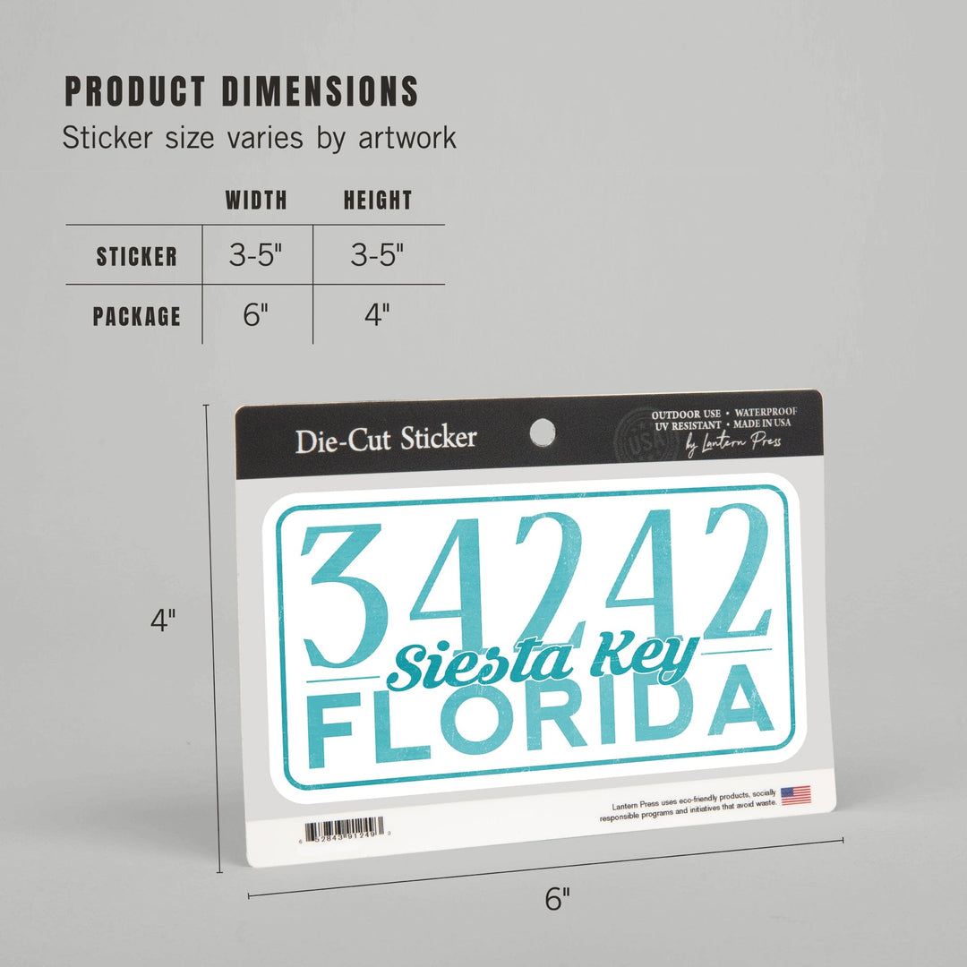 Siesta Key, Florida, Local Zip Code, Contour, Vinyl Sticker Sticker Lantern Press 